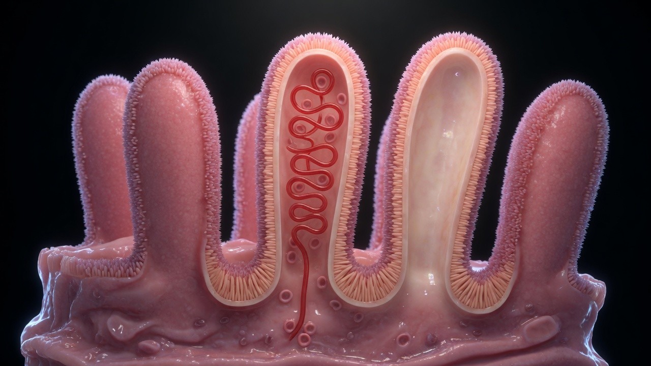 Close view of intestinal villi. One finger is cut open around a red capillary loop. The open villus beside it has a pale core, the lacteal.